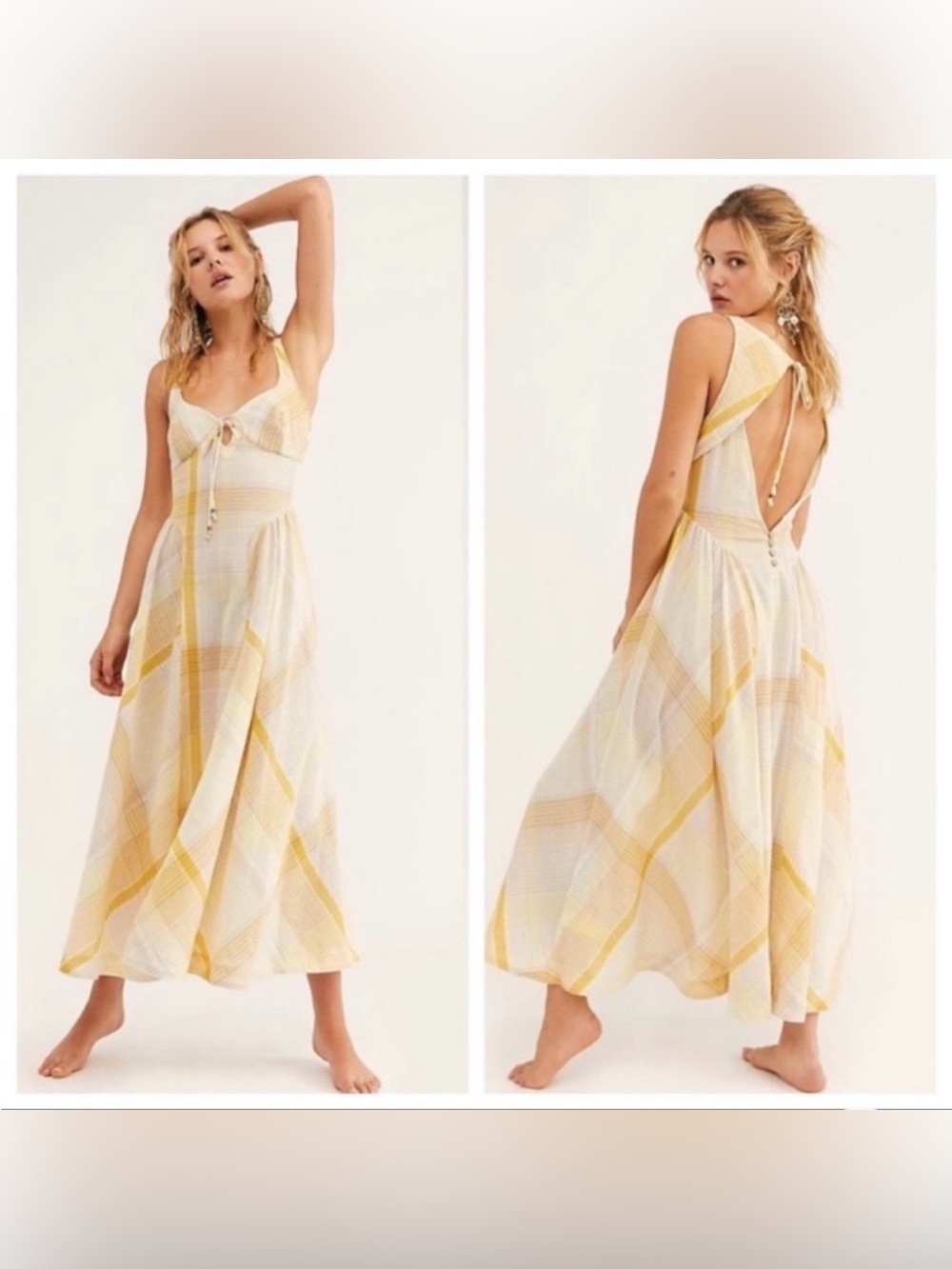 Free People All Tied Up Yellow Plaid Backless Dress
